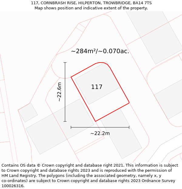 117, CORNBRASH RISE, HILPERTON, TROWBRIDGE, BA14 7TS: Plot and title map