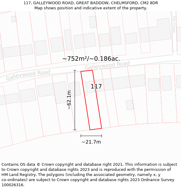 117, GALLEYWOOD ROAD, GREAT BADDOW, CHELMSFORD, CM2 8DR: Plot and title map