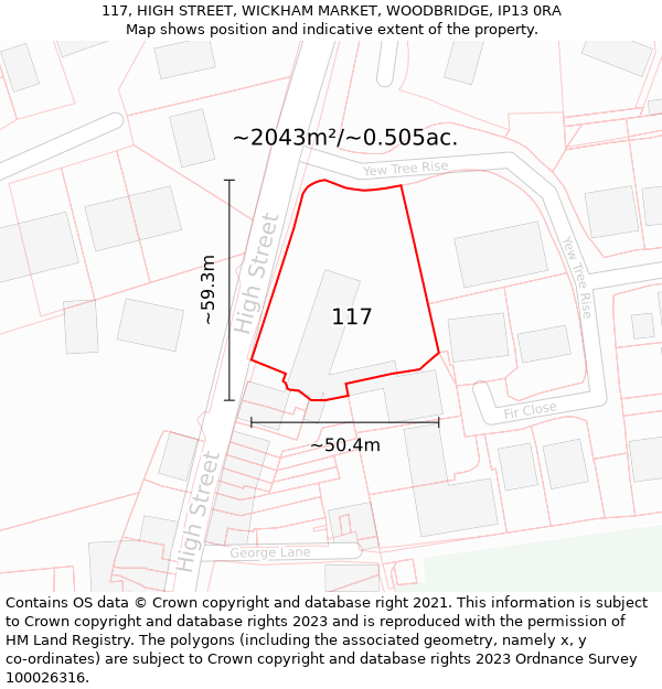 117, HIGH STREET, WICKHAM MARKET, WOODBRIDGE, IP13 0RA: Plot and title map