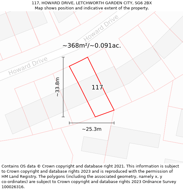 117, HOWARD DRIVE, LETCHWORTH GARDEN CITY, SG6 2BX: Plot and title map