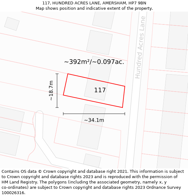 117, HUNDRED ACRES LANE, AMERSHAM, HP7 9BN: Plot and title map