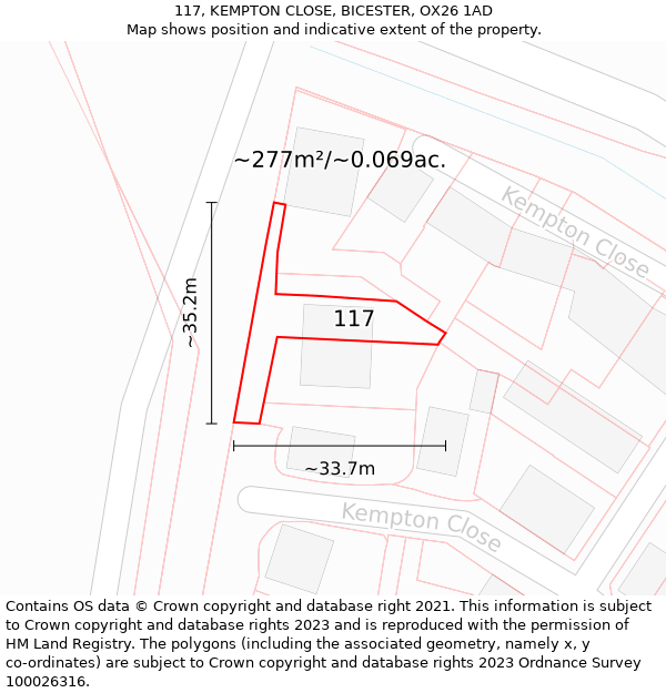 117, KEMPTON CLOSE, BICESTER, OX26 1AD: Plot and title map