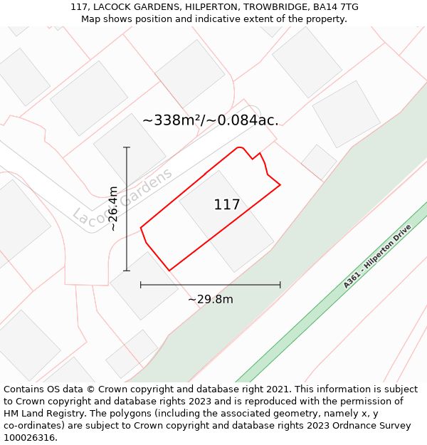 117, LACOCK GARDENS, HILPERTON, TROWBRIDGE, BA14 7TG: Plot and title map