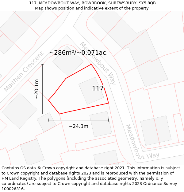 117, MEADOWBOUT WAY, BOWBROOK, SHREWSBURY, SY5 8QB: Plot and title map