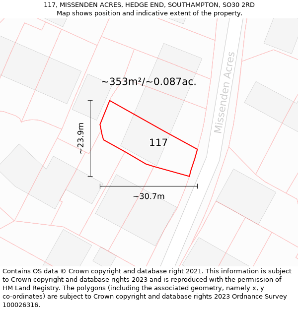 117, MISSENDEN ACRES, HEDGE END, SOUTHAMPTON, SO30 2RD: Plot and title map