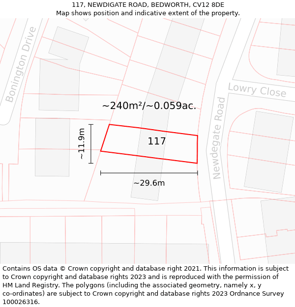 117, NEWDIGATE ROAD, BEDWORTH, CV12 8DE: Plot and title map