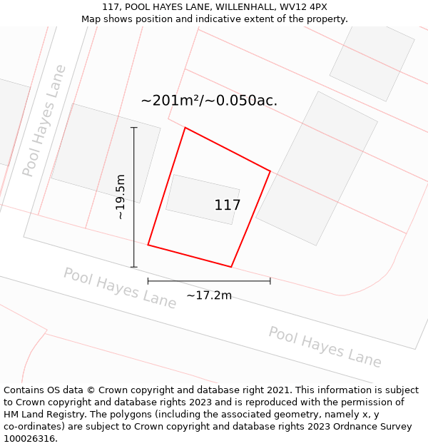 117, POOL HAYES LANE, WILLENHALL, WV12 4PX: Plot and title map