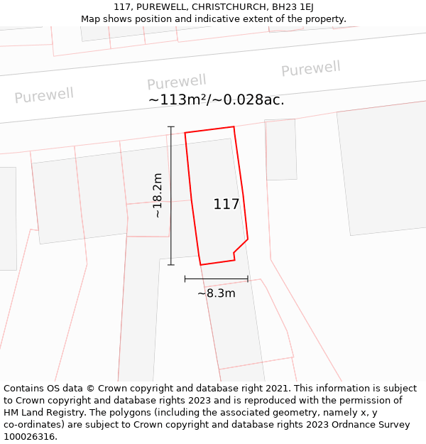 117, PUREWELL, CHRISTCHURCH, BH23 1EJ: Plot and title map