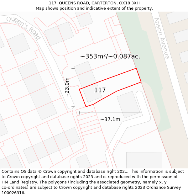 117, QUEENS ROAD, CARTERTON, OX18 3XH: Plot and title map