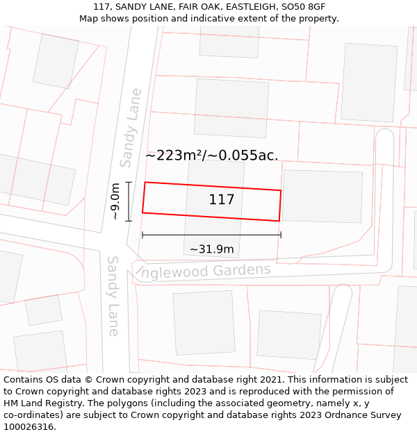 117, SANDY LANE, FAIR OAK, EASTLEIGH, SO50 8GF: Plot and title map