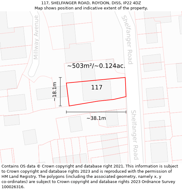 117, SHELFANGER ROAD, ROYDON, DISS, IP22 4DZ: Plot and title map