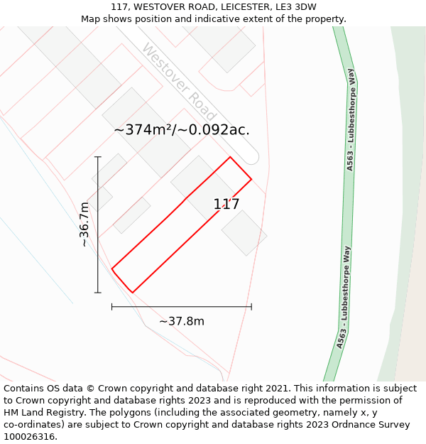117, WESTOVER ROAD, LEICESTER, LE3 3DW: Plot and title map