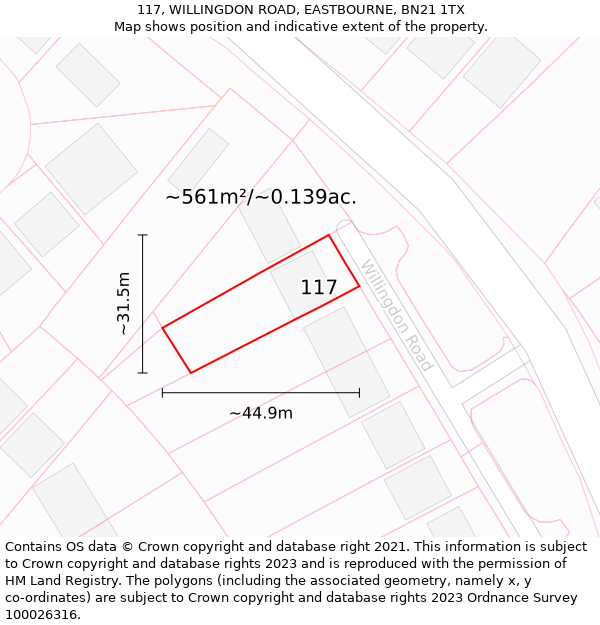 117, WILLINGDON ROAD, EASTBOURNE, BN21 1TX: Plot and title map