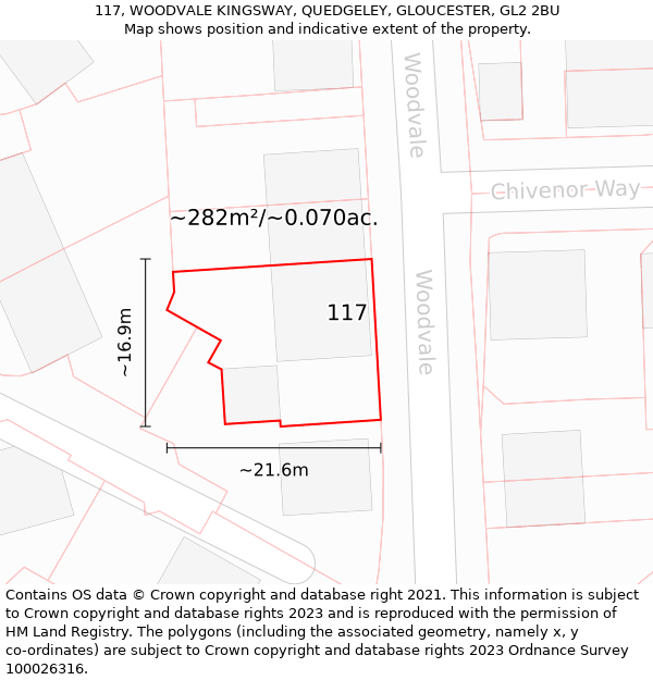 117, WOODVALE KINGSWAY, QUEDGELEY, GLOUCESTER, GL2 2BU: Plot and title map