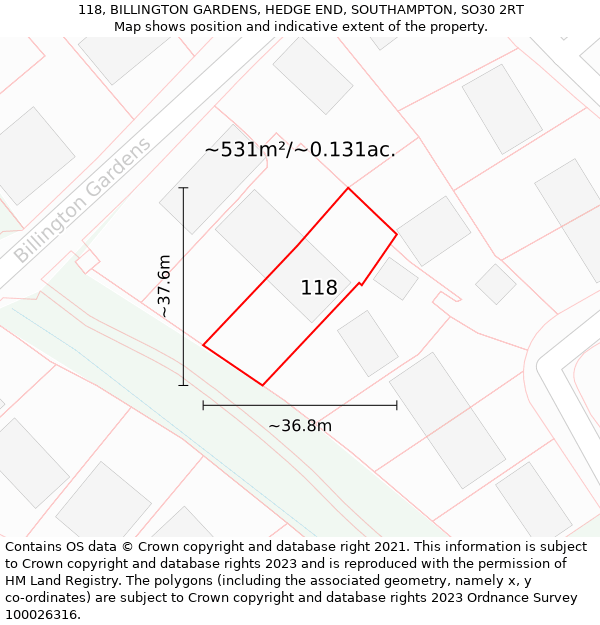 118, BILLINGTON GARDENS, HEDGE END, SOUTHAMPTON, SO30 2RT: Plot and title map