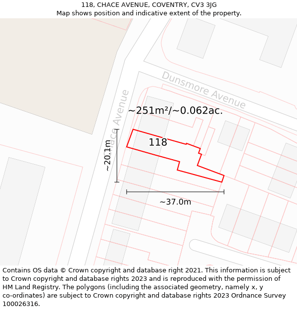 118, CHACE AVENUE, COVENTRY, CV3 3JG: Plot and title map