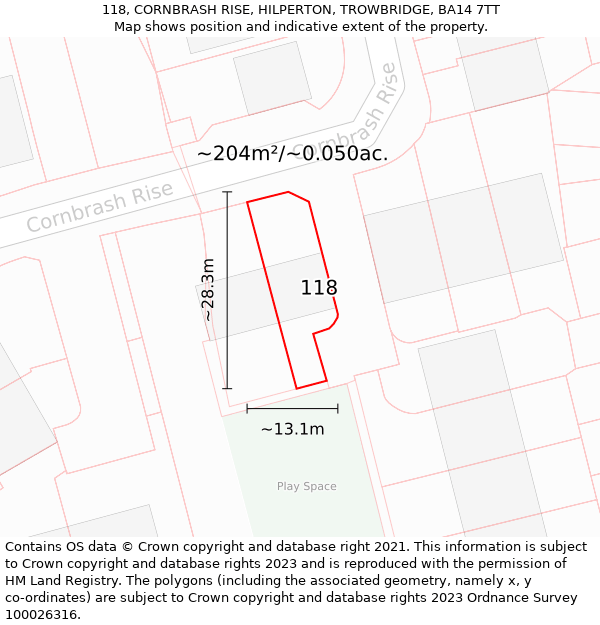 118, CORNBRASH RISE, HILPERTON, TROWBRIDGE, BA14 7TT: Plot and title map