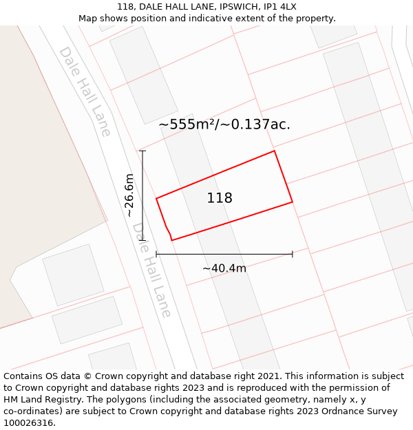 118, DALE HALL LANE, IPSWICH, IP1 4LX: Plot and title map