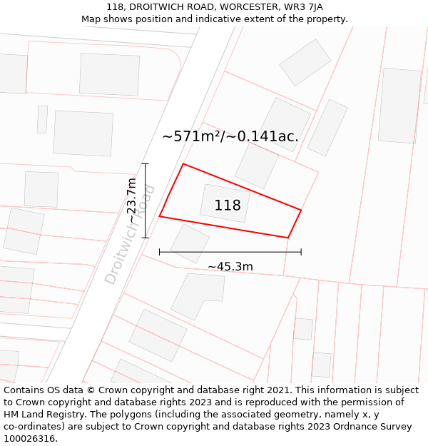 118, DROITWICH ROAD, WORCESTER, WR3 7JA: Plot and title map