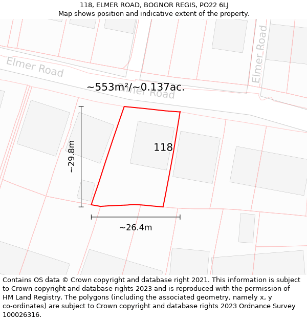 118, ELMER ROAD, BOGNOR REGIS, PO22 6LJ: Plot and title map