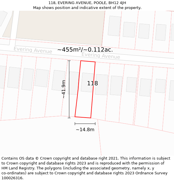 118, EVERING AVENUE, POOLE, BH12 4JH: Plot and title map