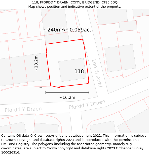 118, FFORDD Y DRAEN, COITY, BRIDGEND, CF35 6DQ: Plot and title map