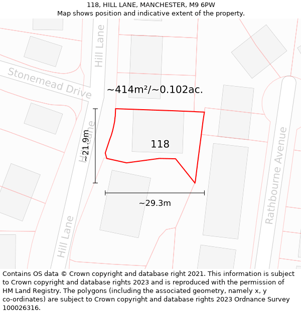 118, HILL LANE, MANCHESTER, M9 6PW: Plot and title map