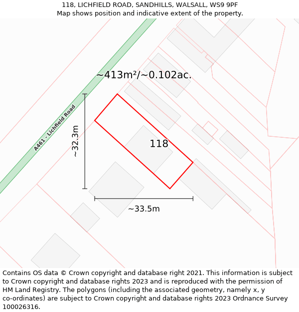 118, LICHFIELD ROAD, SANDHILLS, WALSALL, WS9 9PF: Plot and title map