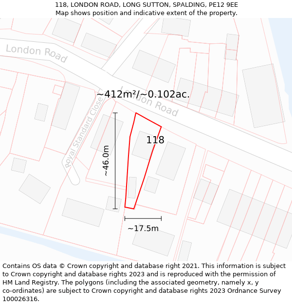 118, LONDON ROAD, LONG SUTTON, SPALDING, PE12 9EE: Plot and title map