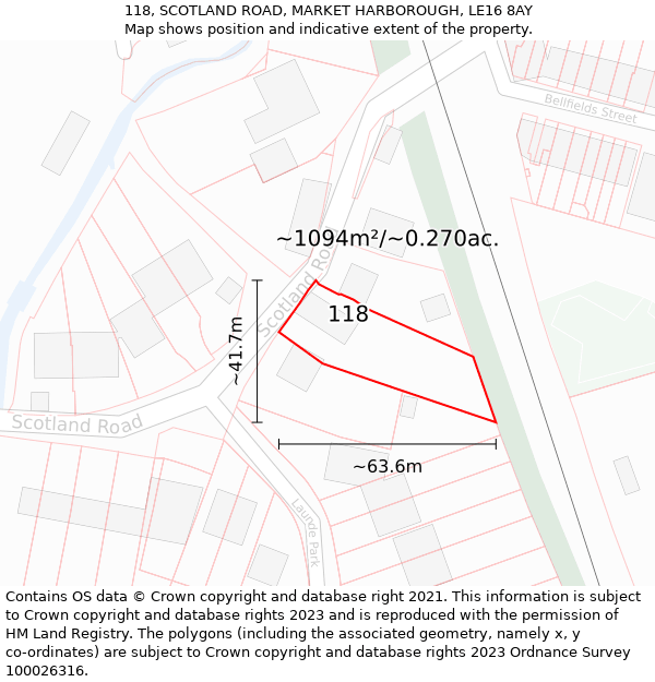 118, SCOTLAND ROAD, MARKET HARBOROUGH, LE16 8AY: Plot and title map