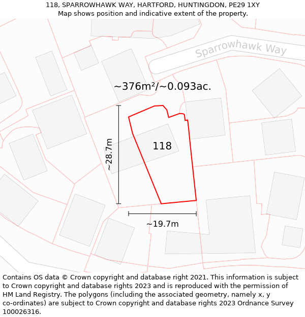 118, SPARROWHAWK WAY, HARTFORD, HUNTINGDON, PE29 1XY: Plot and title map