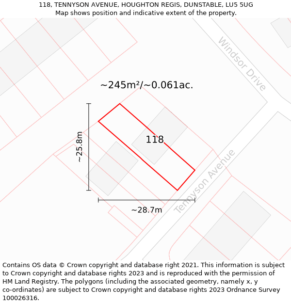 118, TENNYSON AVENUE, HOUGHTON REGIS, DUNSTABLE, LU5 5UG: Plot and title map