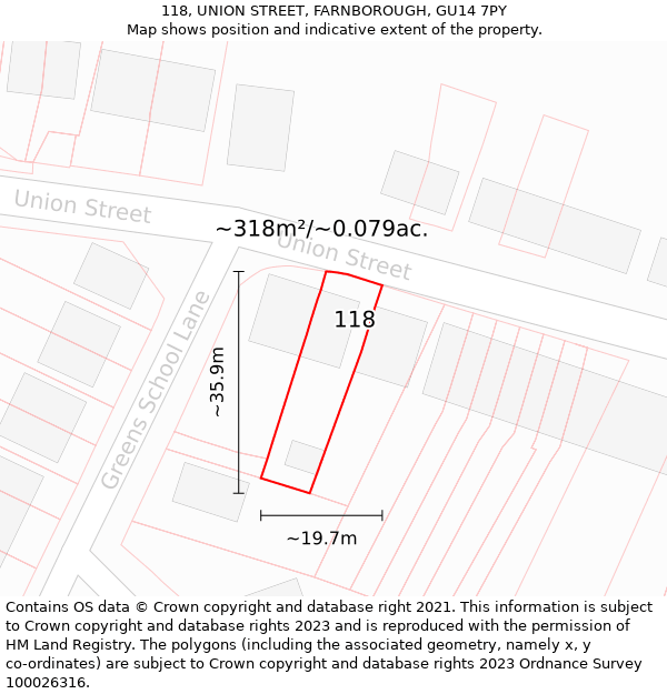 118, UNION STREET, FARNBOROUGH, GU14 7PY: Plot and title map