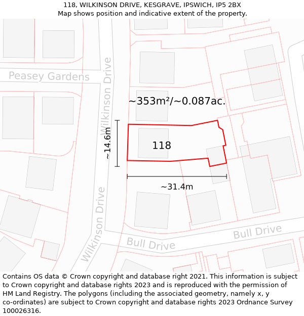 118, WILKINSON DRIVE, KESGRAVE, IPSWICH, IP5 2BX: Plot and title map