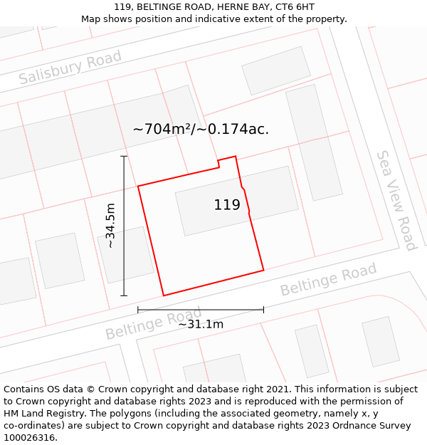 119, BELTINGE ROAD, HERNE BAY, CT6 6HT: Plot and title map