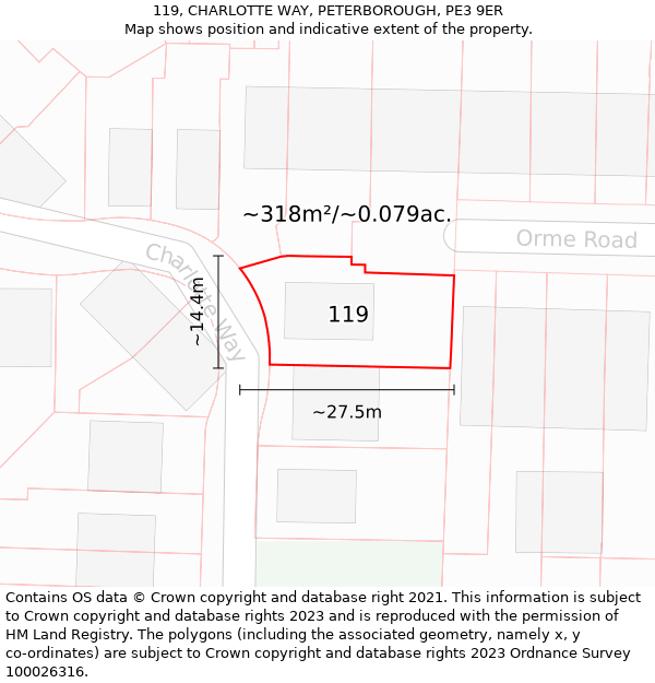 119, CHARLOTTE WAY, PETERBOROUGH, PE3 9ER: Plot and title map