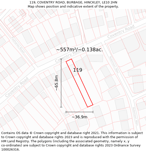 119, COVENTRY ROAD, BURBAGE, HINCKLEY, LE10 2HN: Plot and title map