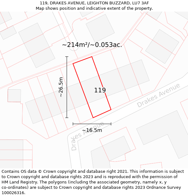 119, DRAKES AVENUE, LEIGHTON BUZZARD, LU7 3AF: Plot and title map