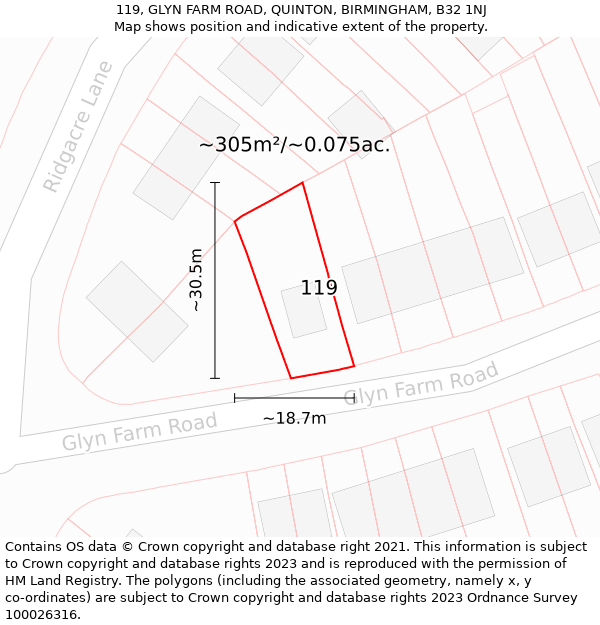 119, GLYN FARM ROAD, QUINTON, BIRMINGHAM, B32 1NJ: Plot and title map