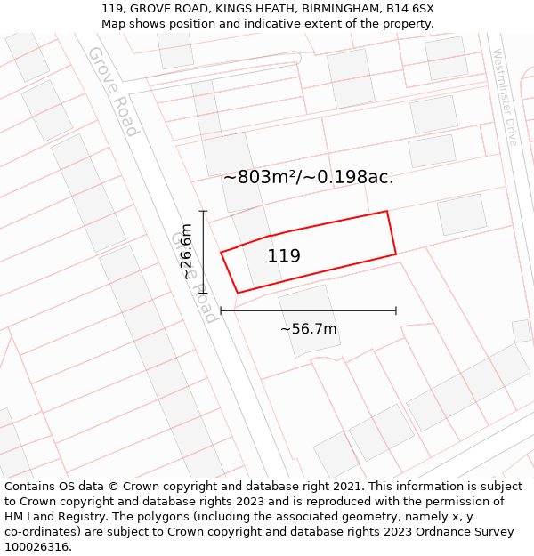 119, GROVE ROAD, KINGS HEATH, BIRMINGHAM, B14 6SX: Plot and title map