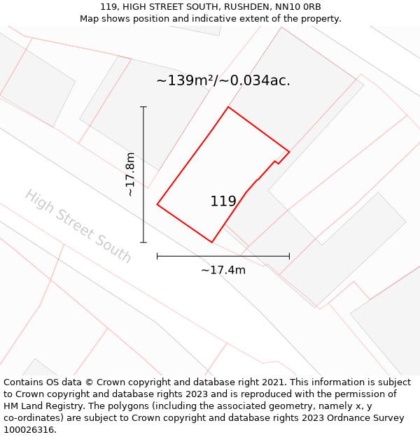 119, HIGH STREET SOUTH, RUSHDEN, NN10 0RB: Plot and title map