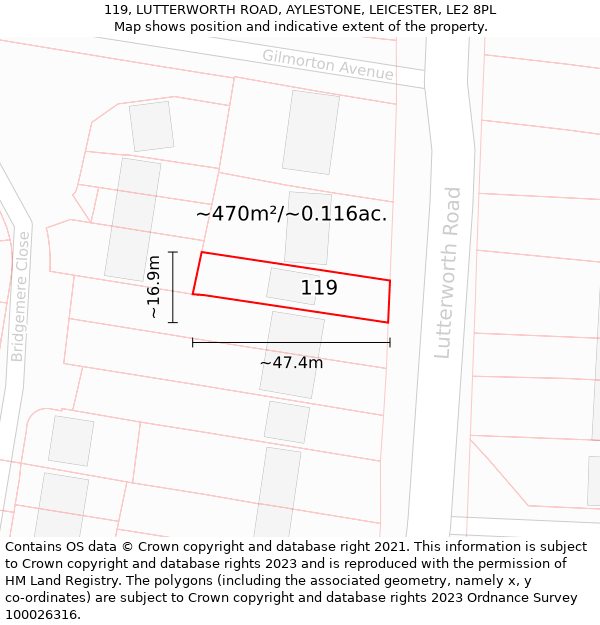 119, LUTTERWORTH ROAD, AYLESTONE, LEICESTER, LE2 8PL: Plot and title map