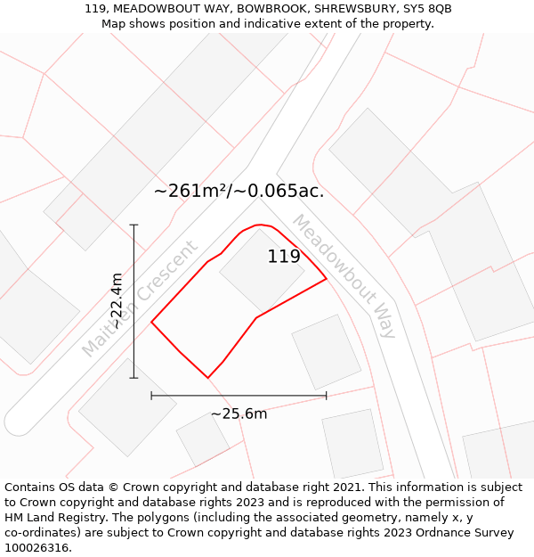 119, MEADOWBOUT WAY, BOWBROOK, SHREWSBURY, SY5 8QB: Plot and title map