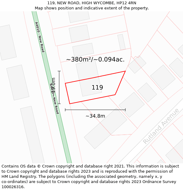 119, NEW ROAD, HIGH WYCOMBE, HP12 4RN: Plot and title map