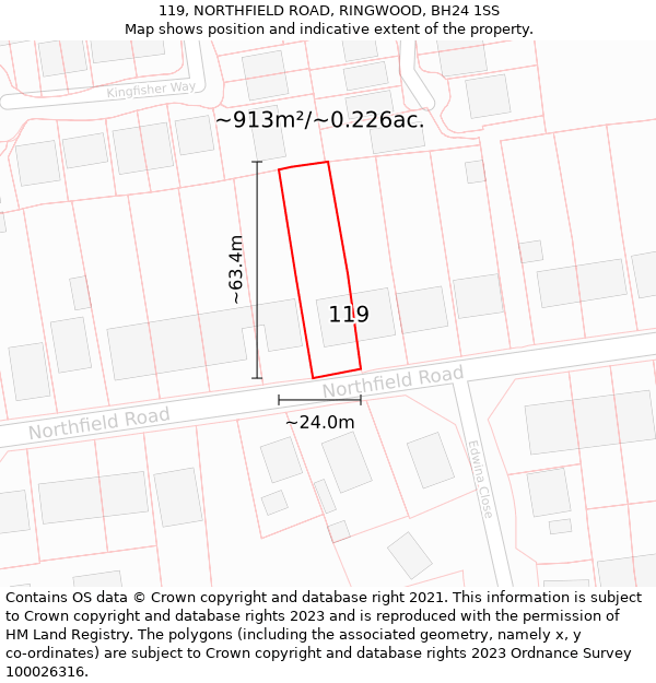 119, NORTHFIELD ROAD, RINGWOOD, BH24 1SS: Plot and title map