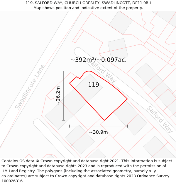 119, SALFORD WAY, CHURCH GRESLEY, SWADLINCOTE, DE11 9RH: Plot and title map