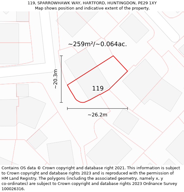 119, SPARROWHAWK WAY, HARTFORD, HUNTINGDON, PE29 1XY: Plot and title map