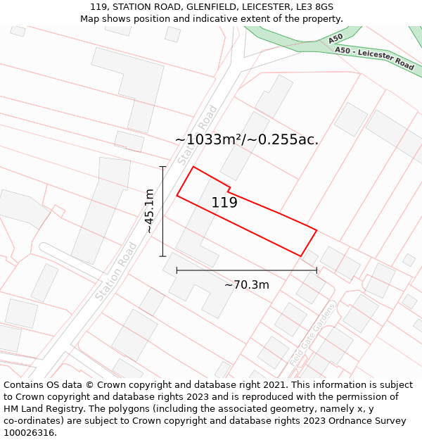 119, STATION ROAD, GLENFIELD, LEICESTER, LE3 8GS: Plot and title map