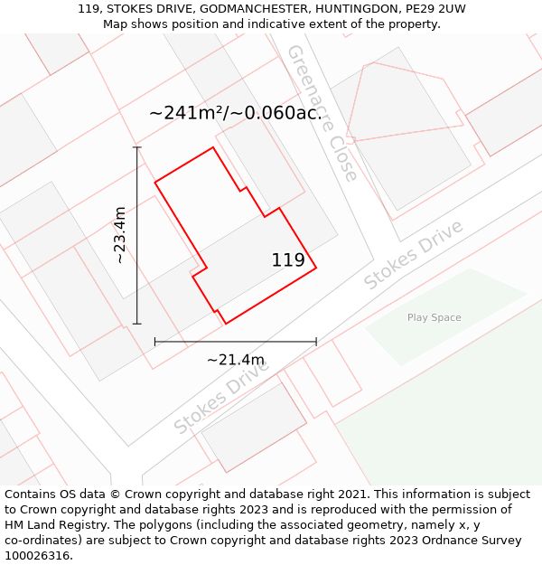 119, STOKES DRIVE, GODMANCHESTER, HUNTINGDON, PE29 2UW: Plot and title map