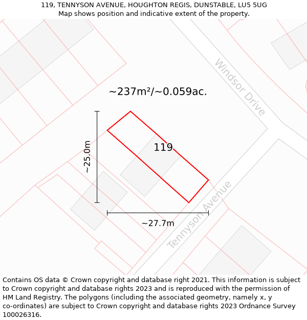 119, TENNYSON AVENUE, HOUGHTON REGIS, DUNSTABLE, LU5 5UG: Plot and title map